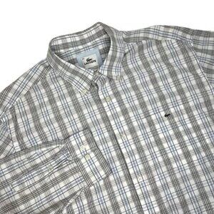 Lacoste Men's White Blue Size 44 XL Plaid Long Sleeve Button-Up Dress Shirt
